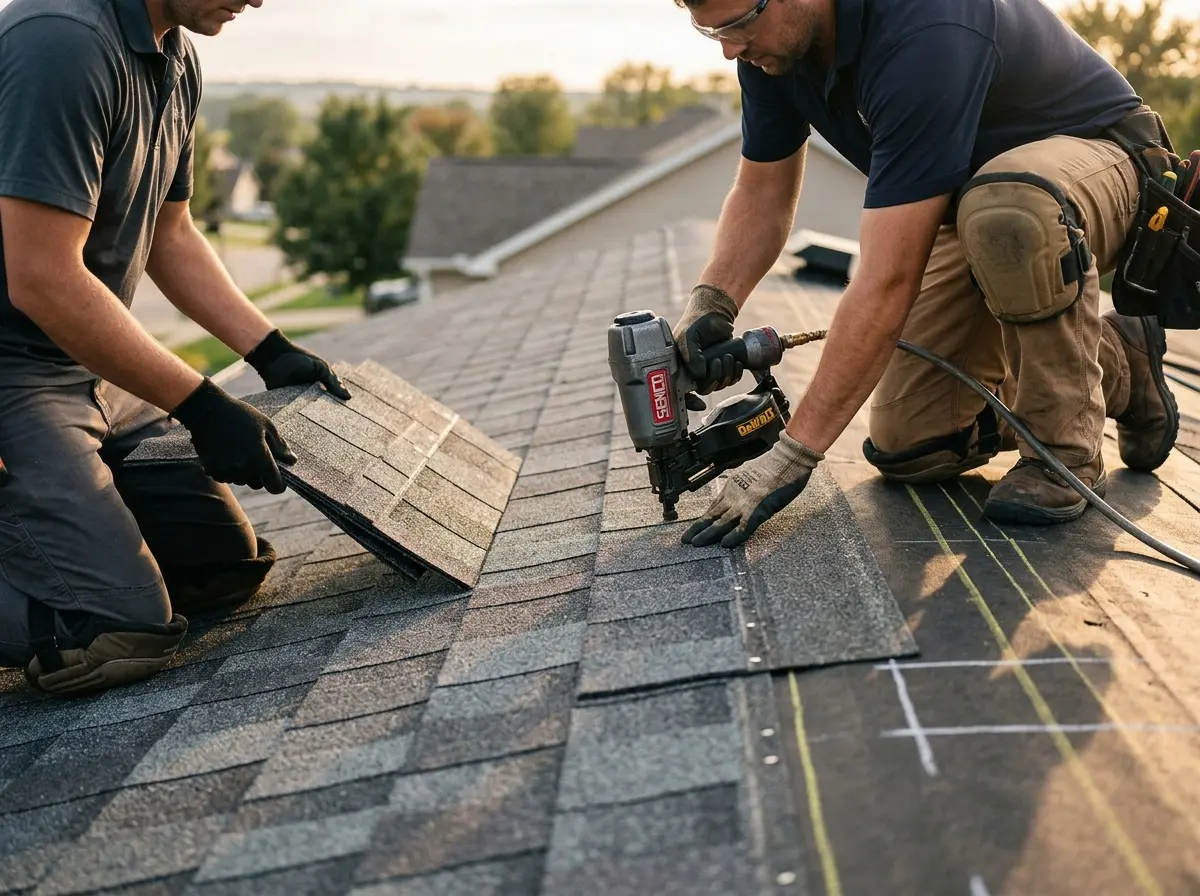 Professional roofer working on a residential roof in Bartlett